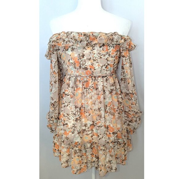 NWT Petal & Pup | Off The Shoulder Beige Floral Boho Mini Dress | Size 6 - Picture 4 of 13